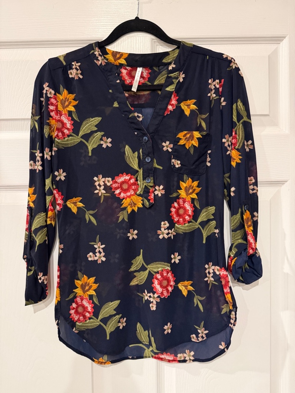 DNA couture Navy Floral Henley Blouse with Pocket